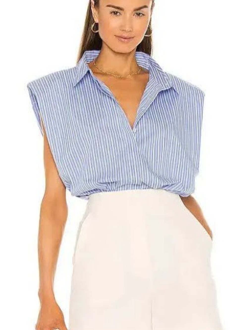 Bardot Blue & White Striped Sleeveless Button Down Top